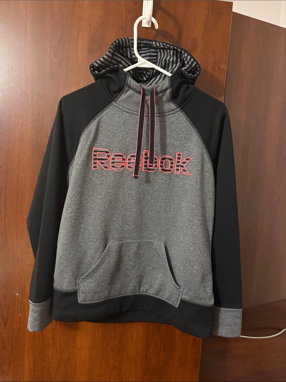 Reebok Gray and Black Hoodie with Pink Logo Accents size medium